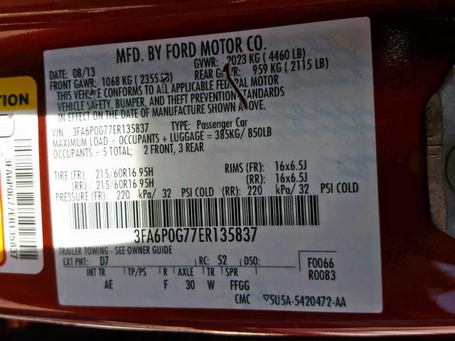 3FA6P0G77ER135837 - 2014 FORD FUSION S MAROON photo 10