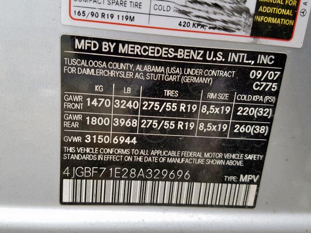 4JGBF71E28A329696 - 2008 MERCEDES-BENZ GL 450 4MA SILVER photo 10