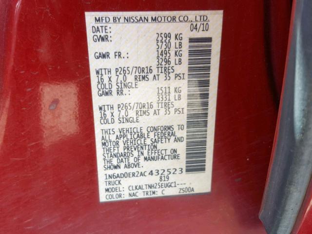1N6AD0ER2AC432523 - 2010 NISSAN FRONTIER C RED photo 10