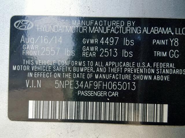 5NPE34AF9FH065013 - 2015 HYUNDAI SONATA SPO SILVER photo 10