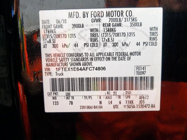 1FTEX1E64AFC74806 - 2010 FORD F150 SUPER CAB  photo 10