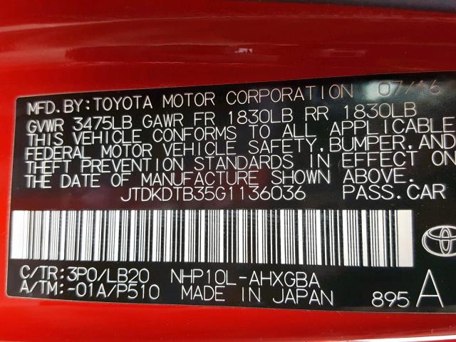 JTDKDTB35G1136036 - 2016 TOYOTA PRIUS C RED photo 10