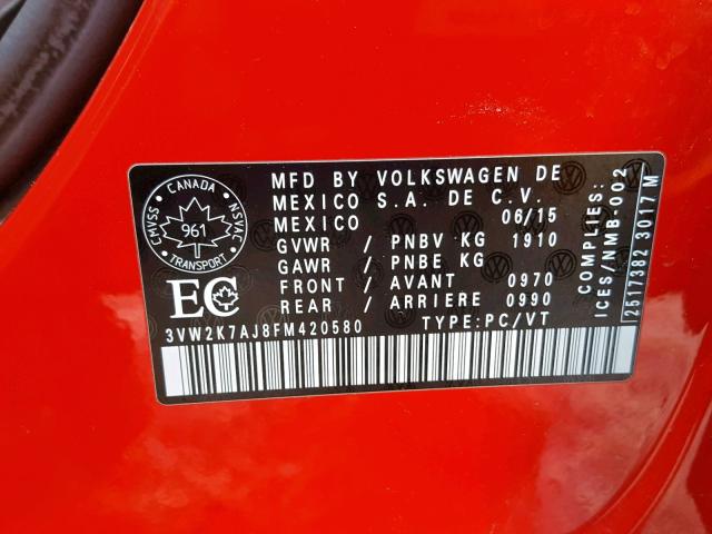 3VW2K7AJ8FM420580 - 2015 VOLKSWAGEN JETTA BASE RED photo 10
