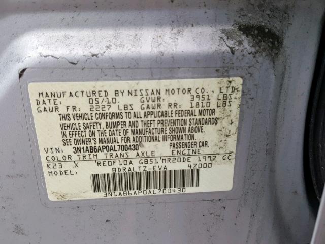 3N1AB6AP0AL700430 - 2010 NISSAN SENTRA 2.0 SILVER photo 10