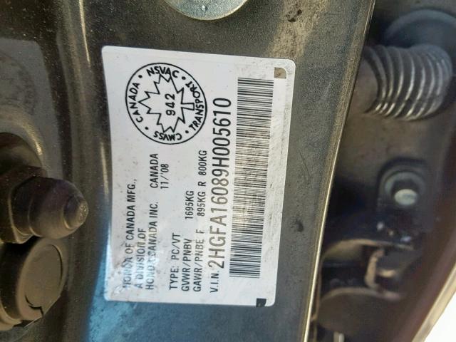 2HGFA16089H005610 - 2009 HONDA CIVIC EXL GRAY photo 10