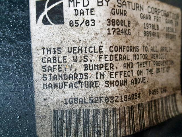 1G8AL52F03Z184084 - 2003 SATURN ION LEVEL SILVER photo 10