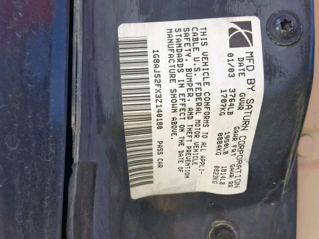 1G8AJ52FX3Z140180 - 2003 SATURN ION LEVEL BLACK photo 10