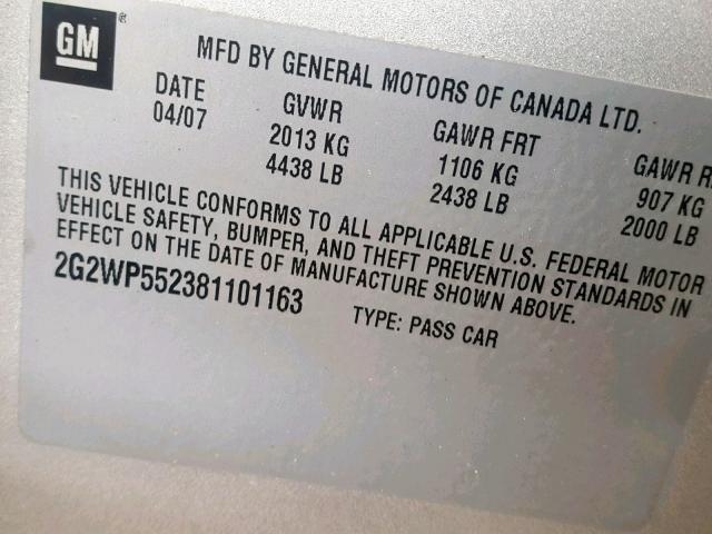 2G2WP552381101163 - 2008 PONTIAC GRAND PRIX GRAY photo 10