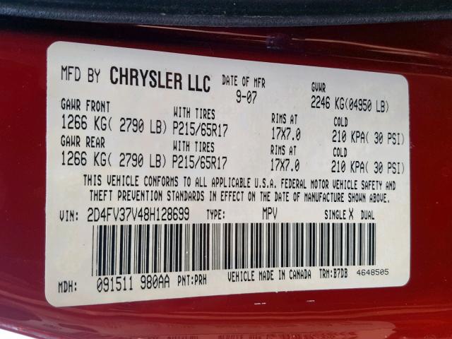 2D4FV37V48H128699 - 2008 DODGE MAGNUM SXT RED photo 10