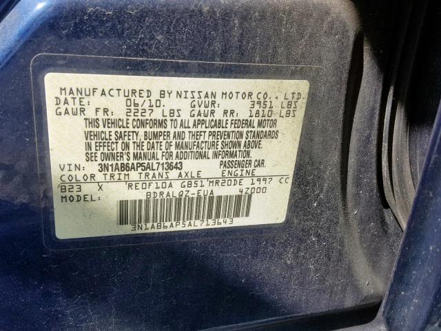 3N1AB6AP5AL713643 - 2010 NISSAN SENTRA 2.0 BLUE photo 10