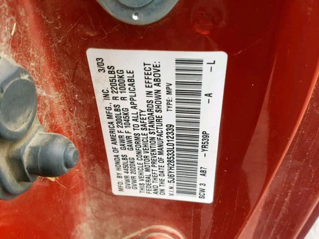 5J6YH28533L012339 - 2003 HONDA ELEMENT EX ORANGE photo 10