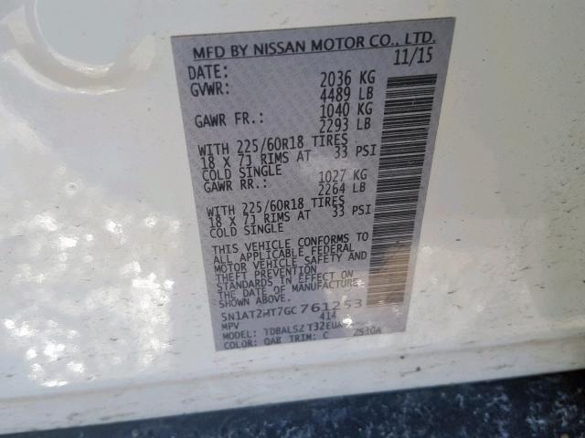 5N1AT2MT7GC761253 - 2016 NISSAN ROGUE S WHITE photo 10