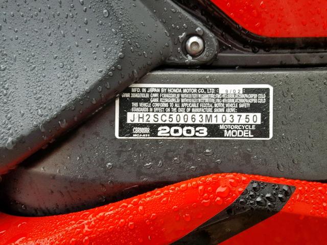 JH2SC50063M103750 - 2003 HONDA CBR900 RR RED photo 10