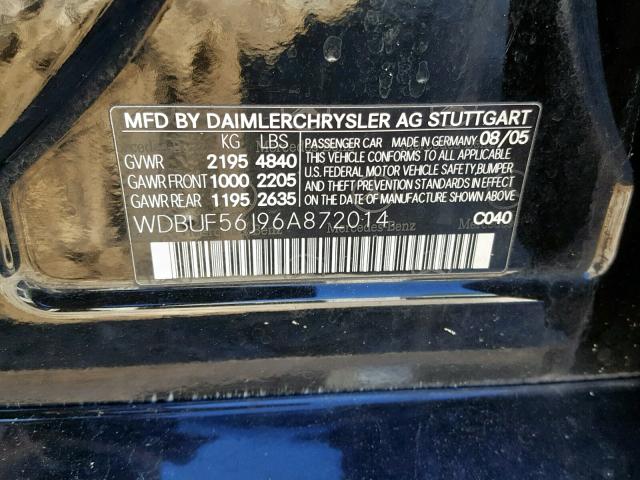 WDBUF56J96A872014 - 2006 MERCEDES-BENZ E 350 BLACK photo 10