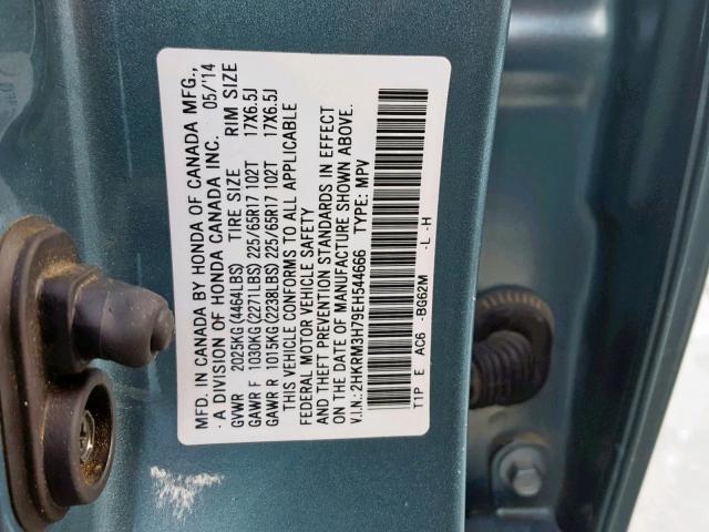 2HKRM3H79EH544666 - 2014 HONDA CR-V EXL GREEN photo 10