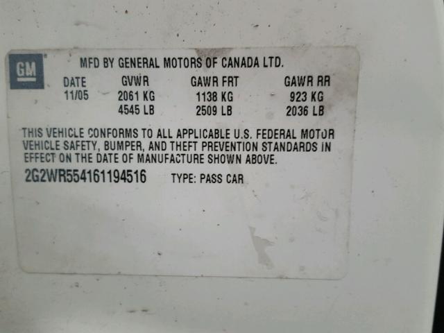 2G2WR554161194516 - 2006 PONTIAC GRAND PRIX Սպիտակ լուսանկար 10