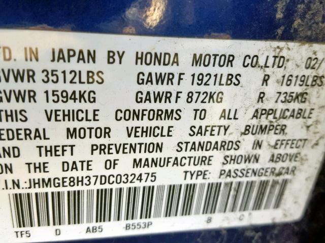 JHMGE8H37DC032475 - 2013 HONDA FIT BLUE photo 10