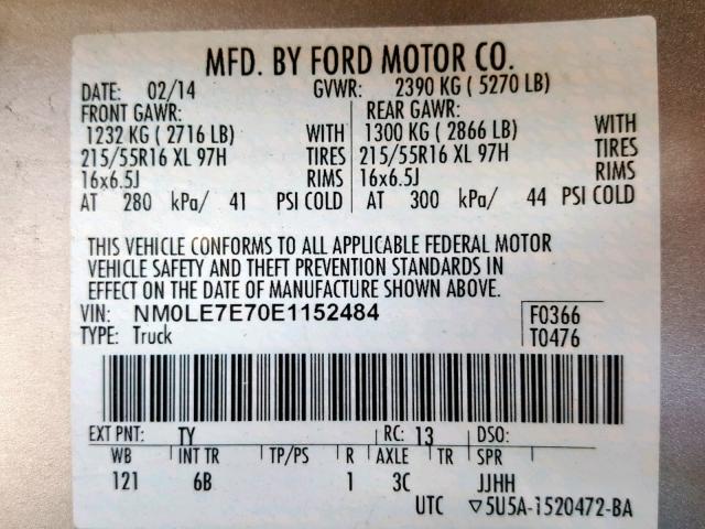 NM0LE7E70E1152484 - 2014 FORD TRANSIT CO SILVER photo 10