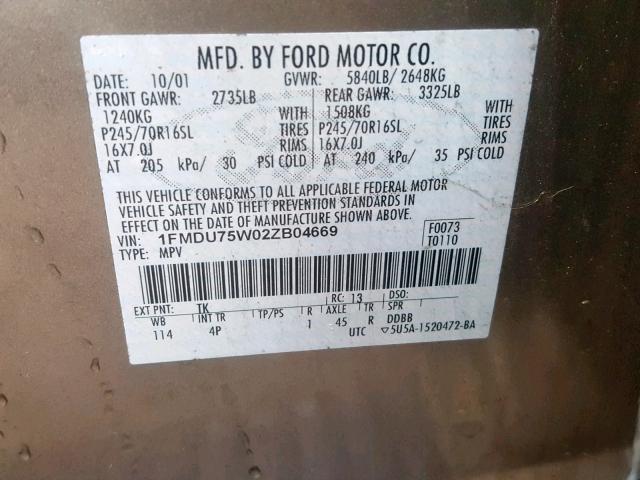 1FMDU75W02ZB04669 - 2002 FORD EXPLORER L TAN photo 10