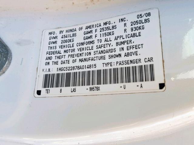 1HGCS22878A014815 - 2008 HONDA ACCORD EXL WHITE photo 10