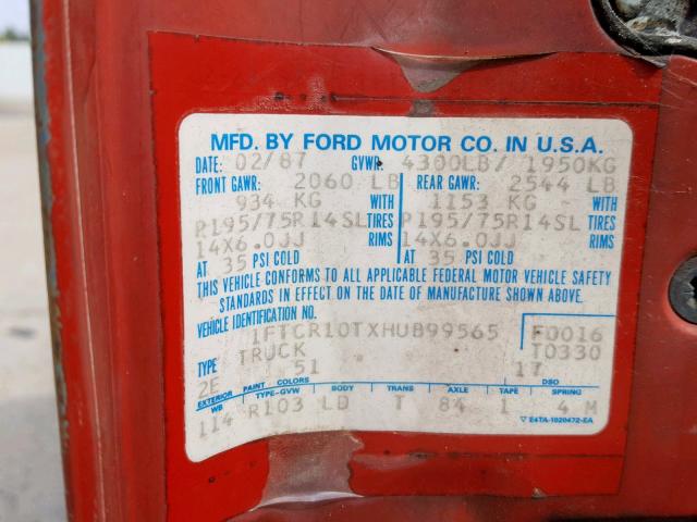 1FTCR10TXHUB99565 - 1987 FORD RANGER RED photo 10