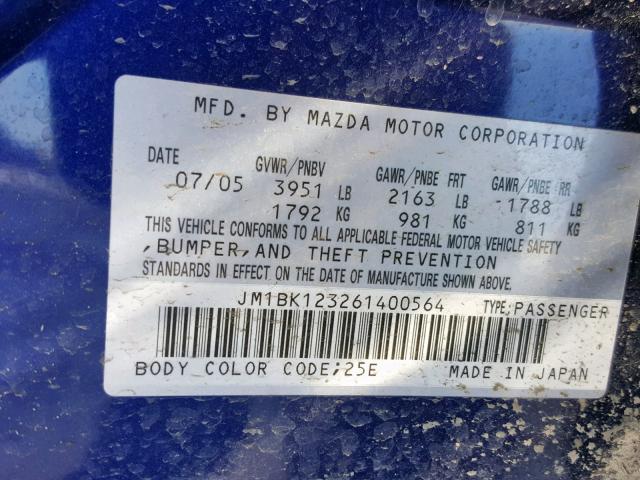 JM1BK123261400564 - 2006 MAZDA 3 S BLUE photo 10