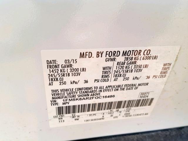 1FM5K8AR2FGC16486 - 2015 FORD EXPLORER P WHITE photo 10