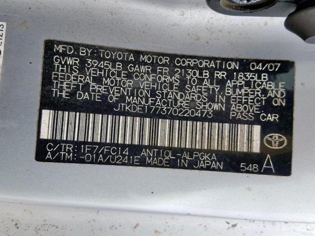 JTKDE177370220473 - 2007 TOYOTA SCION TC Күміс фото 10