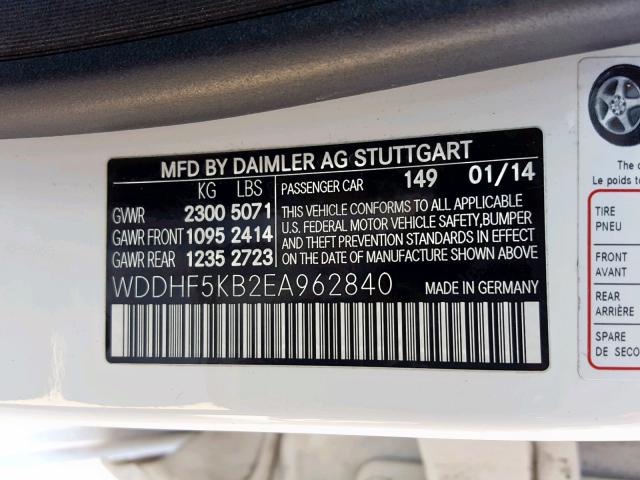 WDDHF5KB2EA962840 - 2014 MERCEDES-BENZ E 350 WHITE photo 10