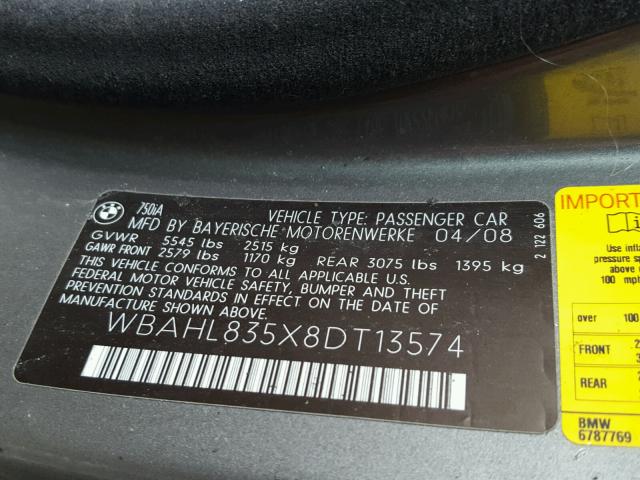 WBAHL835X8DT13574 - 2008 BMW 750 I GRAY photo 10