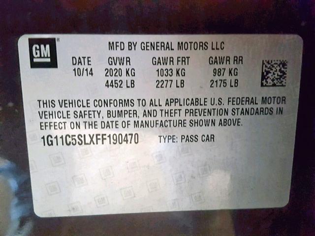 1G11C5SLXFF190470 - 2015 CHEVROLET MALIBU 1LT ნაცრისფერი ფოტო 10