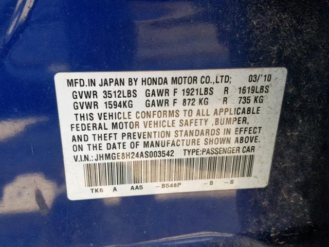 JHMGE8H24AS003542 - 2010 HONDA FIT BLUE photo 10