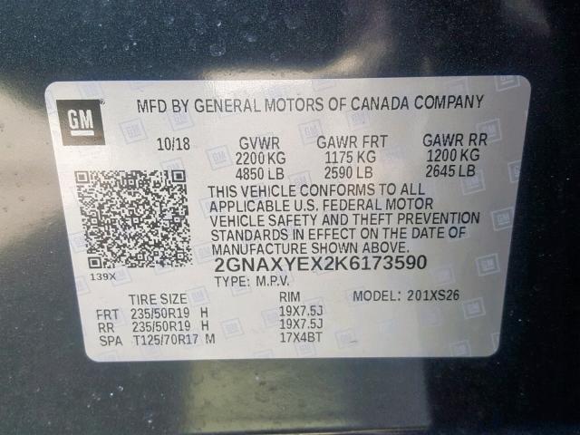 2GNAXYEX2K6173590 - 2019 CHEVROLET EQUINOX PR GRAY photo 10