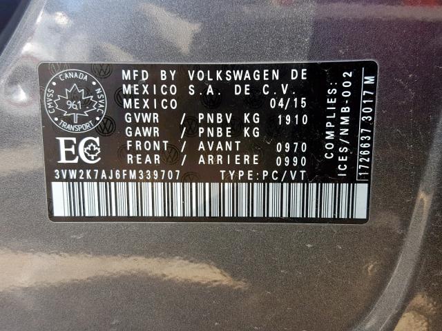 3VW2K7AJ6FM339707 - 2015 VOLKSWAGEN JETTA BASE GRAY photo 10