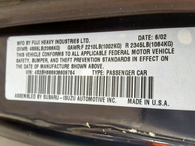 4S3BH686936609764 - 2003 SUBARU LEGACY OUT BLACK photo 10