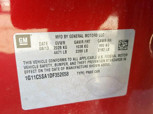 1G11C5SA1DF352658 - 2013 CHEVROLET MALIBU 1LT 红色 照片 10