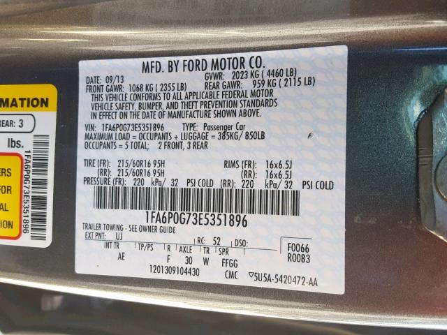 1FA6P0G73E5351896 - 2014 FORD FUSION S GRAY photo 10