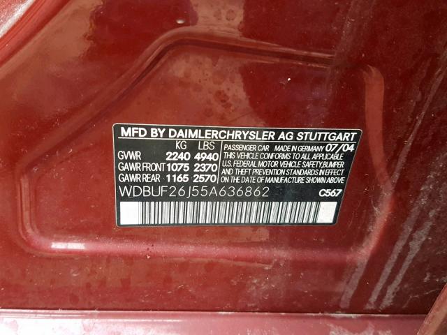 WDBUF26J55A636862 - 2005 MERCEDES-BENZ E 320 CDI MAROON photo 10