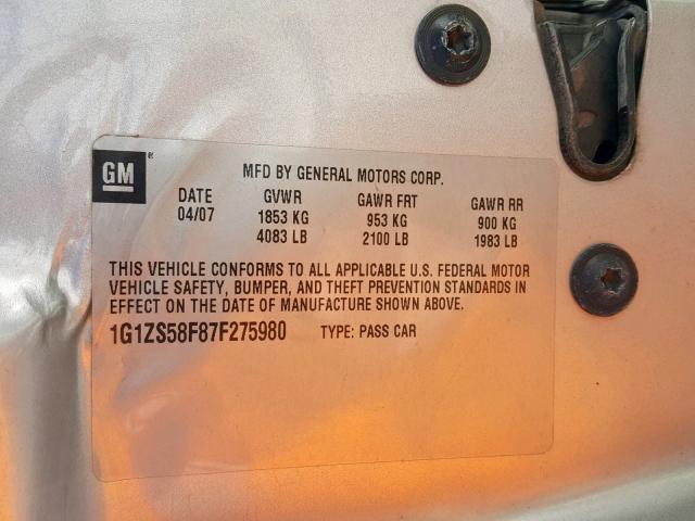 1G1ZS58F87F275980 - 2007 CHEVROLET MALIBU LS SILVER photo 10
