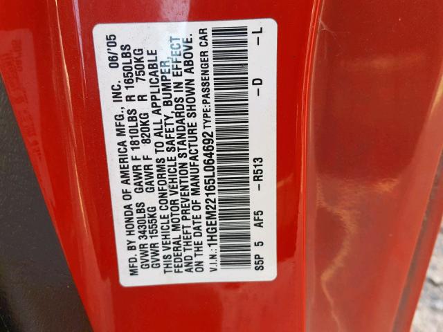 1HGEM22165L064692 - 2005 HONDA CIVIC DX V RED photo 10