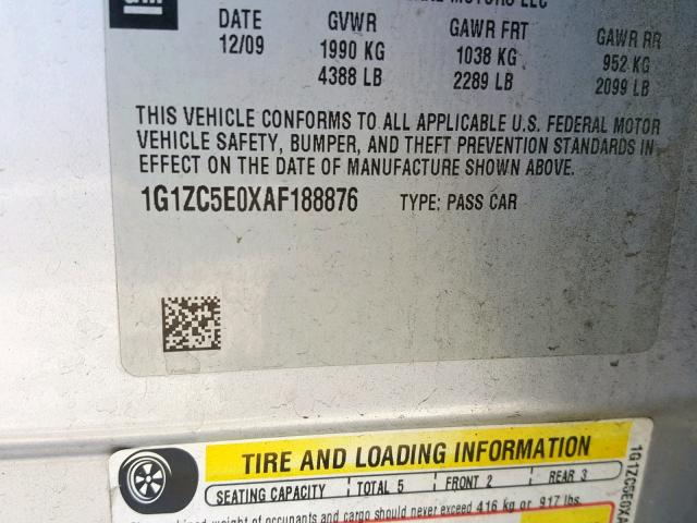 1G1ZC5E0XAF188876 - 2010 CHEVROLET MALIBU 1LT ვერცხლისფერი ფოტო 10