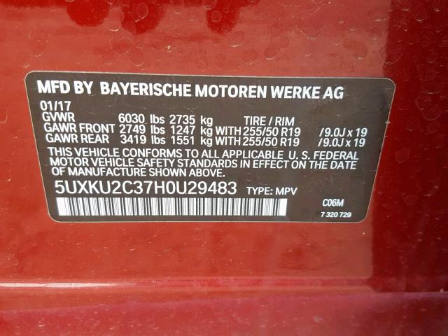 5UXKU2C37H0U29483 - 2017 BMW X6 XDRIVE3 RED photo 10