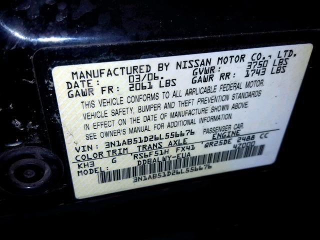 3N1AB51D26L556676 - 2006 NISSAN SENTRA SE- BLACK photo 10