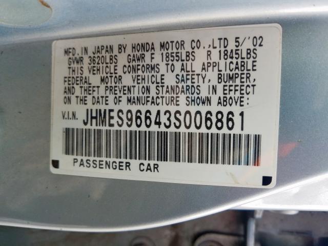 JHMES96643S006861 - 2003 HONDA CIVIC HYBRID  photo 10