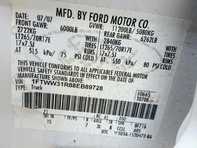 1FTWW31R88EB89728 - 2008 FORD F350 SRW S WHITE photo 10