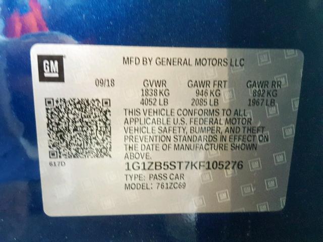 1G1ZB5ST7KF105276 - 2019 CHEVROLET MALIBU LS BLUE photo 10