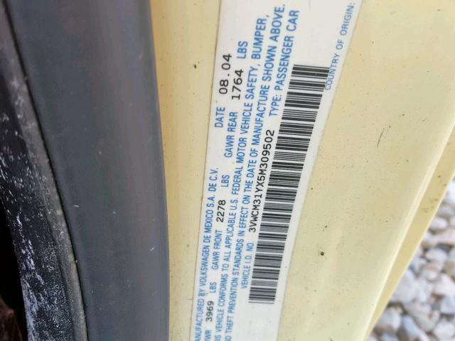 3VWCM31YX5M309502 - 2005 VOLKSWAGEN NEW BEETLE Сары фото 10