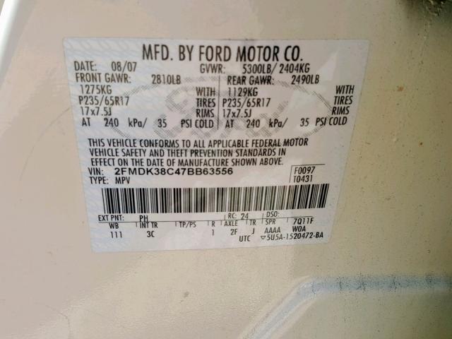 2FMDK38C47BB63556 - 2007 FORD EDGE SEL WHITE photo 10