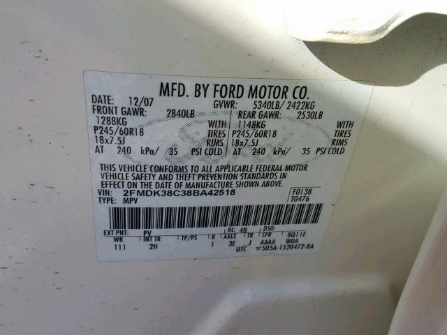 2FMDK38C38BA42518 - 2008 FORD EDGE SEL WHITE photo 10