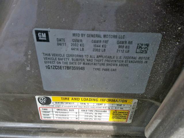 1G1ZC5E17BF359948 - 2011 CHEVROLET MALIBU 1LT 金色 照片 10